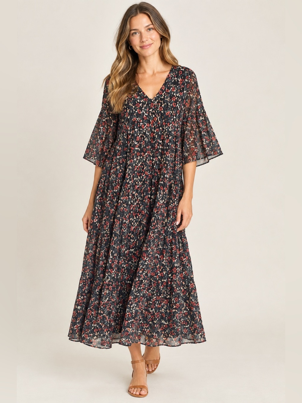 Natural Life Flowy Brown Floral V-Neck Midi Midaxi Maxi Dress Metallic XL Boho